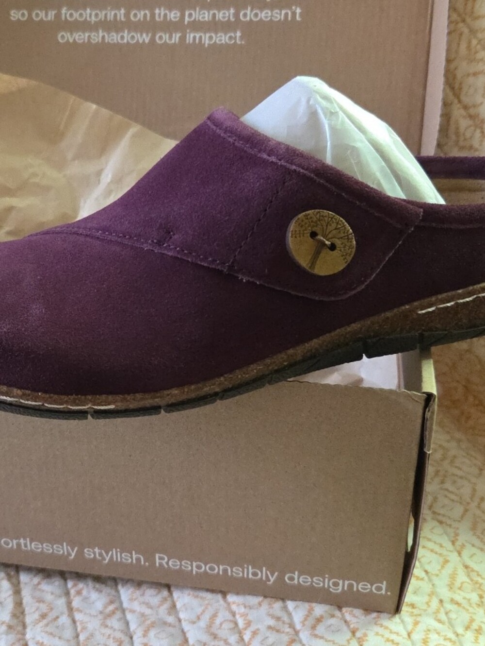 Earth Plum Suede Slip-On Clog with Decorative Button
